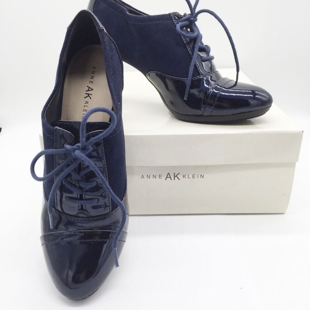 Anne Klein Patent Navy Leather and Suede Booties